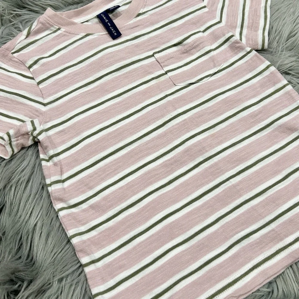 Janie and Jack Short Sleeve Stripe T-Shirt With Pocket - Pink/Green/White Size 4